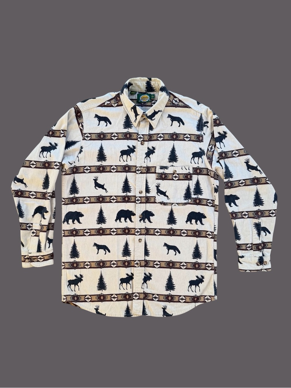 Cabela’s Rustic Woodland Animal Long Sleeve Button Front Cotton Flannel Shirt, L